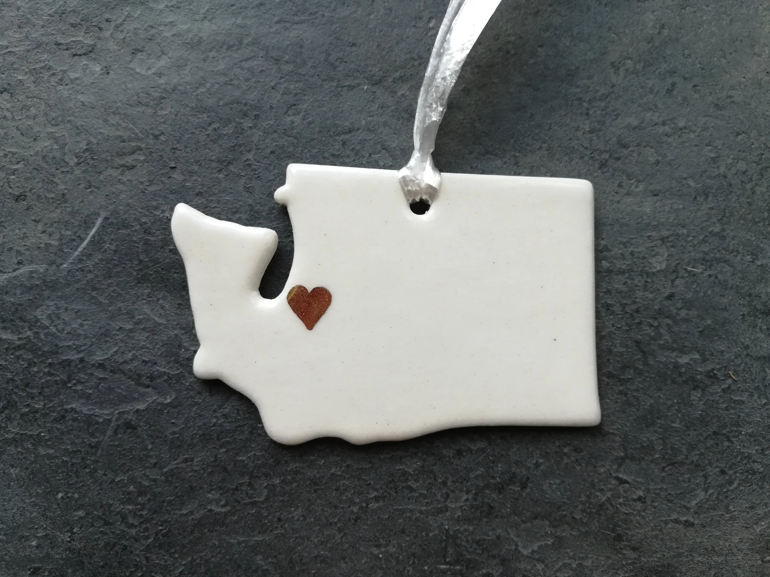 Heidi Kunkel porcelain WA state ornament with heart Seattle handmade pottery Heidi's Pottery