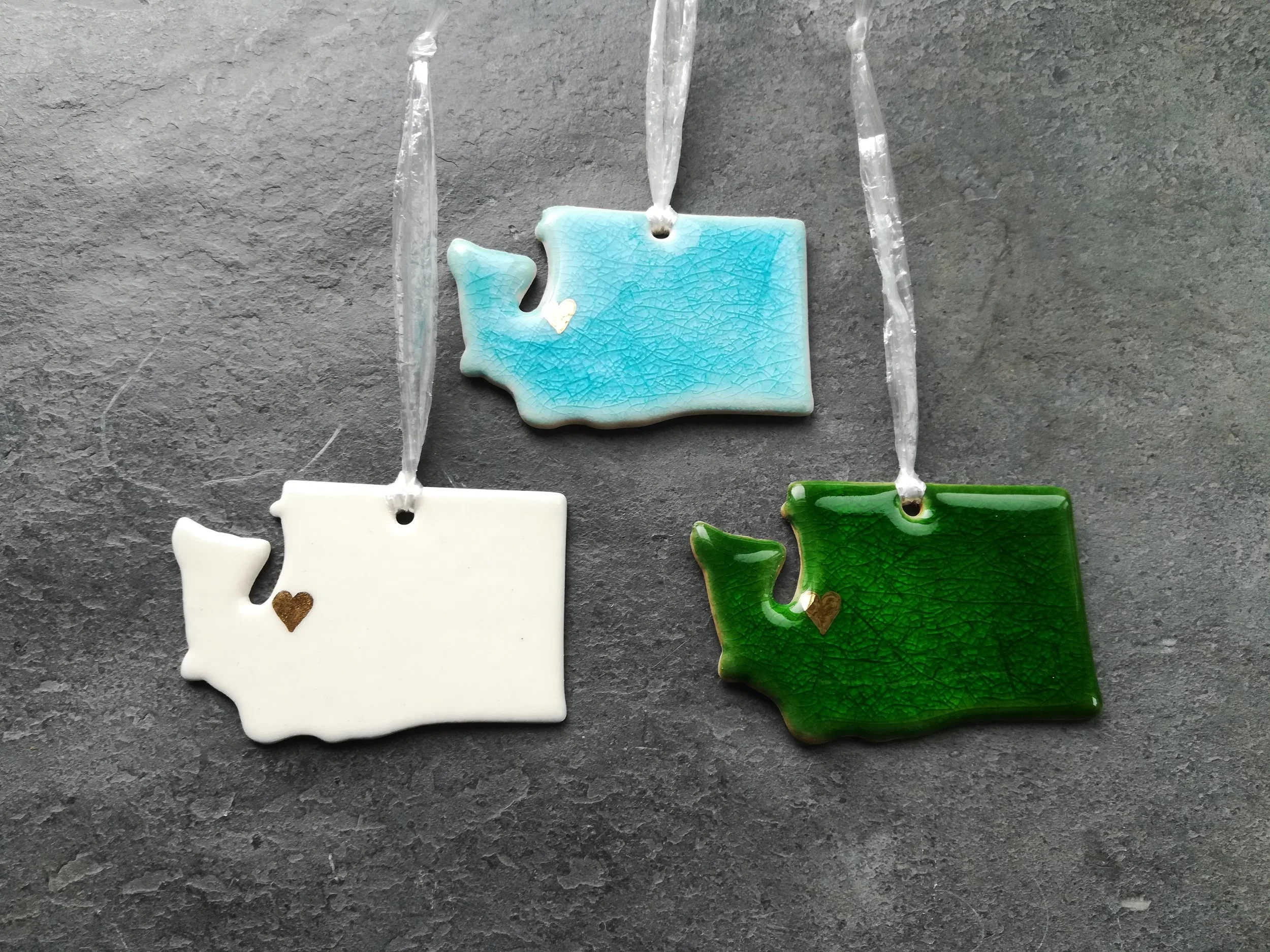 Heidi Kunkel porcelain WA state ornament with heart Seattle handmade pottery Heidi's Pottery