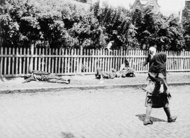 Ukrainians having dropped dead on the sidewalk from starvation during the Holodomor - the famine/genocide.