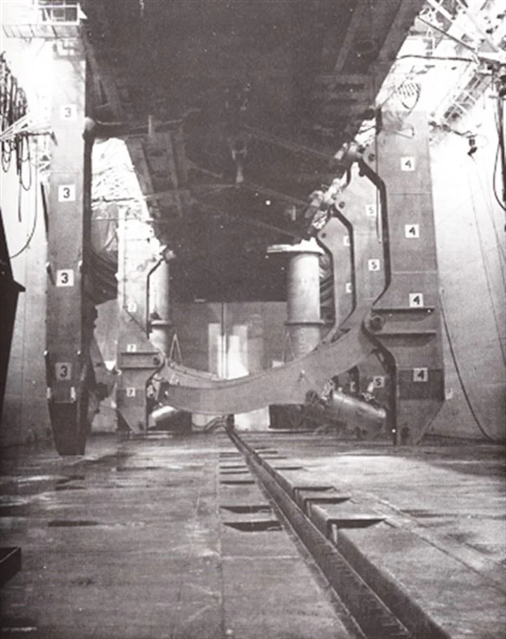 Inside the “Moon Pool” of the Glomar Explorer, which was the bay that would accept the raised submarine. Note the giant claws that broke.