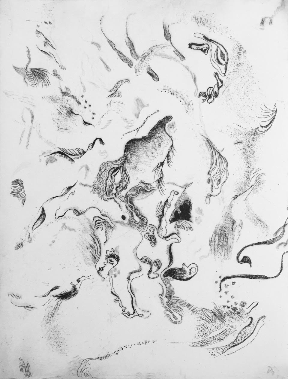 Untitled, Intaglio, 8.5 in x 11 in It is an improvised imagery that I had no plan beforehand. I followed where the drypoint needle went when it touched the plate.