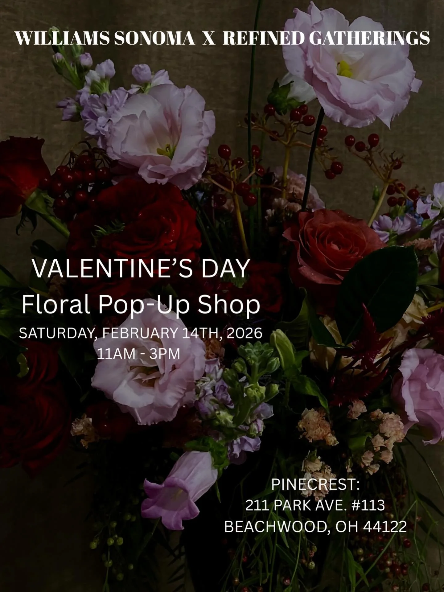 We&rsquo;re excited about seeing you tomorrow @williamssonoma  @ws_cleveland @discover_pinecrest for our Valentine&rsquo;s Day Floral Pop-Up Shop 
from 11AM - 3PM 

Feel free to stop by and see us.  We&rsquo;ll have floral arrangements, Bourbon candl