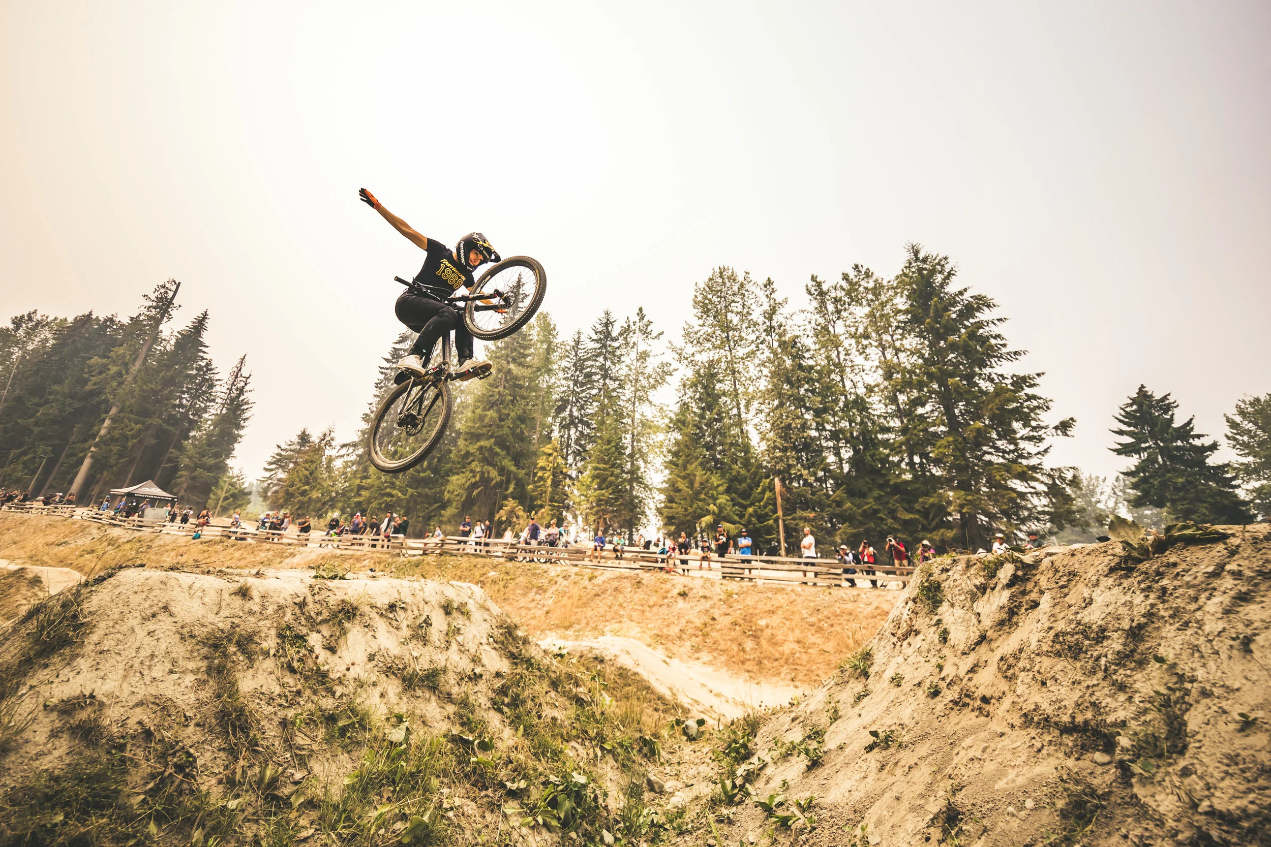 Caroline Buchanan’s winning Tuck No Hander at the Ladies Only Jump Jam, Crankworx, Whistler. Photo credit Trevor Lyden
