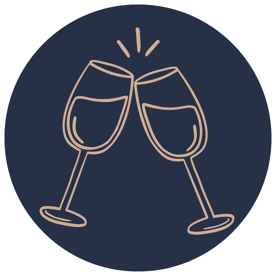 Line drawing of two champagne glasses clinking in celebration, with spark lines above demonstrating toast.