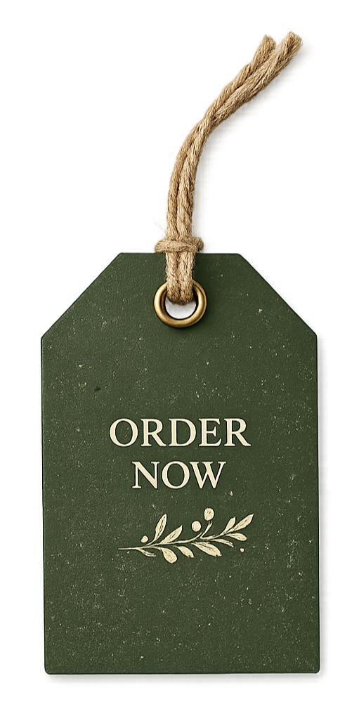 Dark green price tag with the message 'Order Now' and a decorative leaf illustration, attached to a string.
