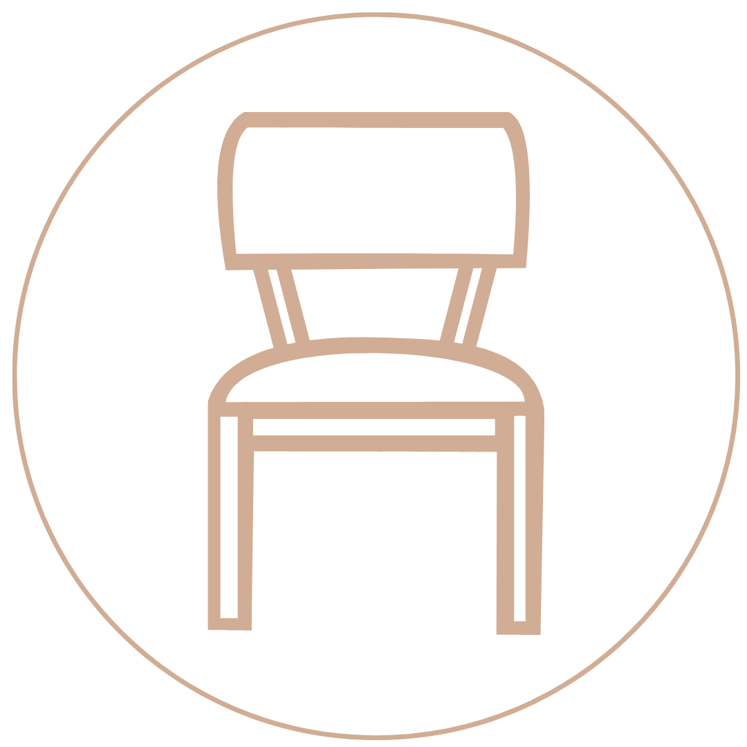 Line drawing of a chair with a rectangular backrest and four straight legs inside a circle.