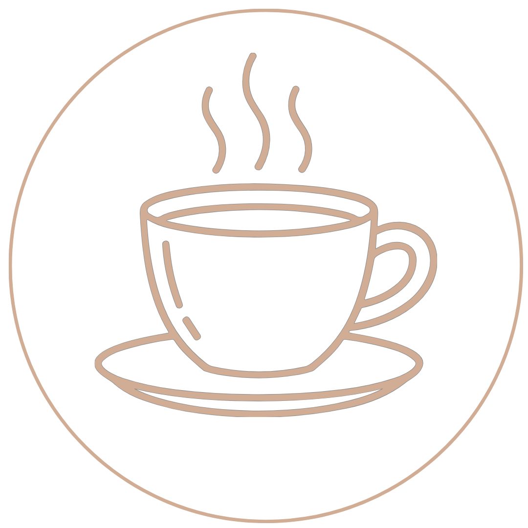 Line drawing of a steaming coffee cup on a saucer.