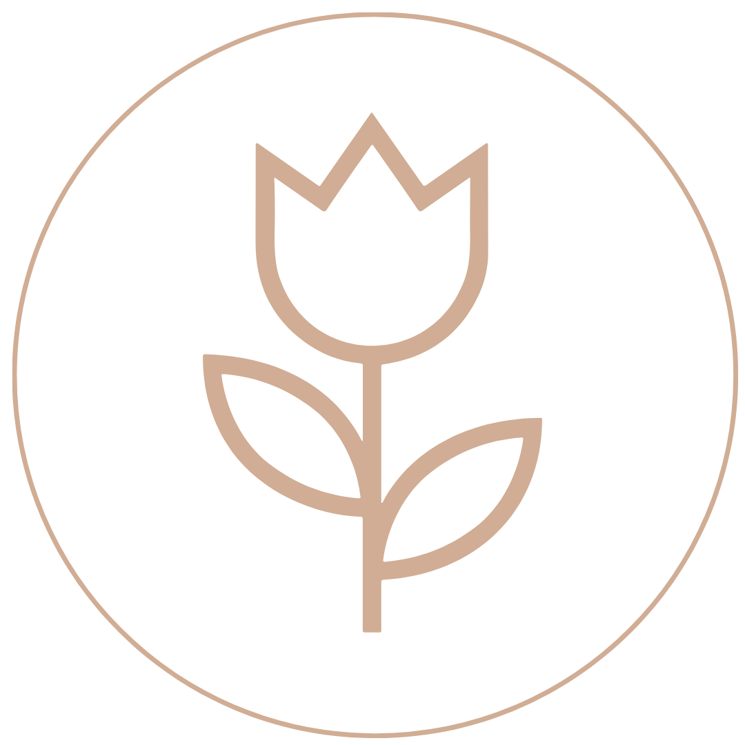 Minimalist beige outline of a tulip flower with two leaves inside a white circle.