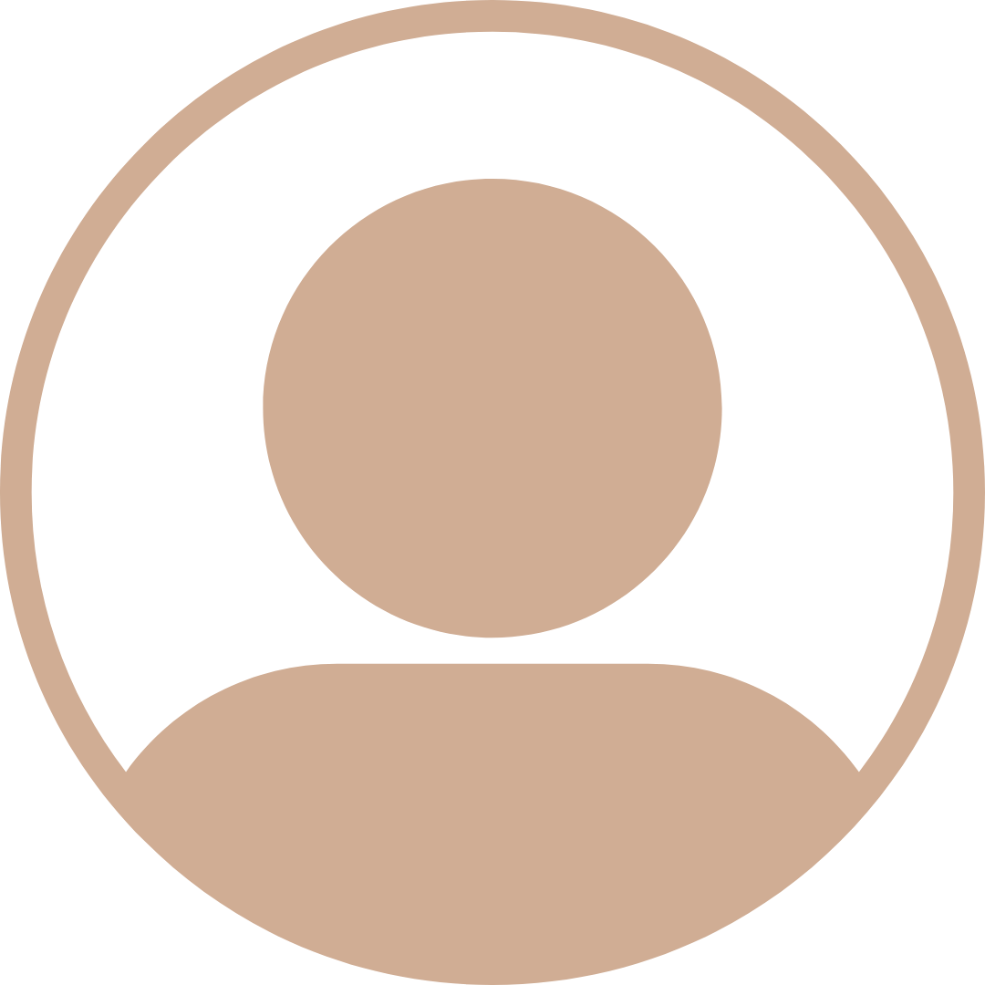Silhouette of a person's head and shoulders within a circular design, represented with beige and black colors.