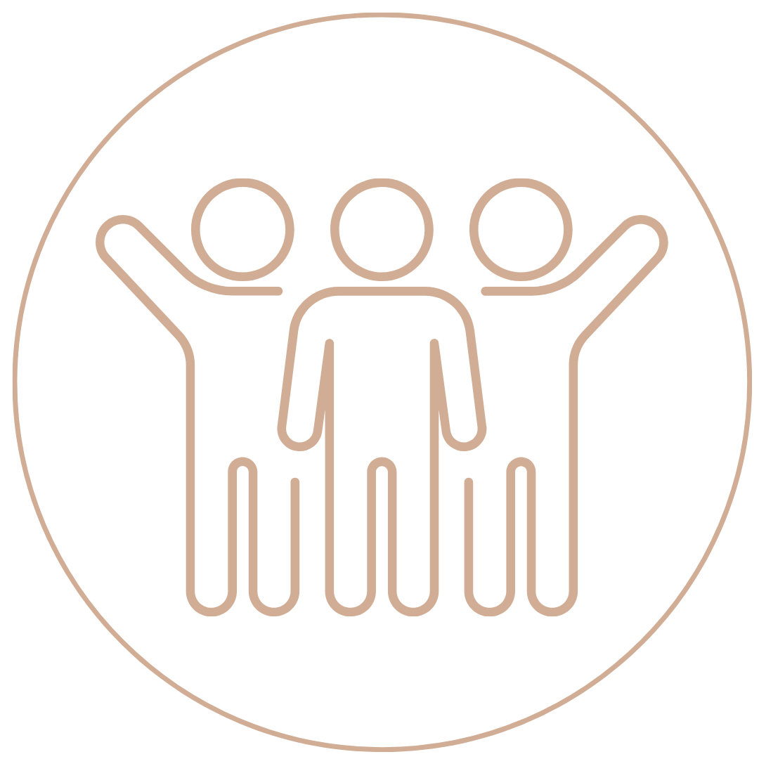 Icon of three human figures with arms raised, symbolizing community or teamwork.