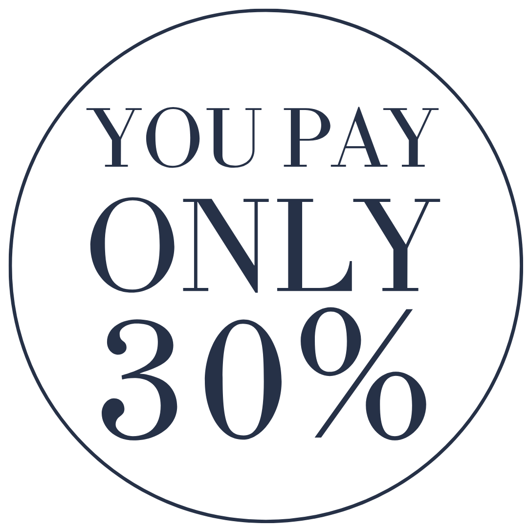 A circular badge with the text 'You Pay Only 30%' in dark blue letters on a black background.