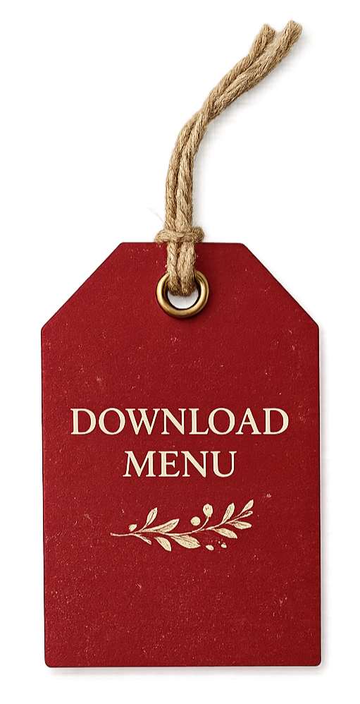 Red tag with the words 'Download Menu' and a decorative leaf design, attached to a string with a metal ring