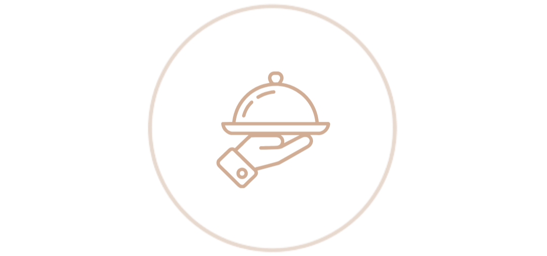 Minimalist icon of a hand holding a covered serving dish in a circular frame.