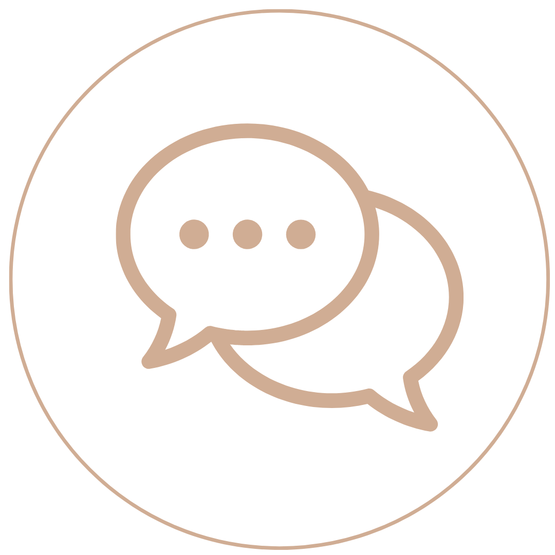 Two beige speech bubbles overlapping, one with three dots, on a white circular background.