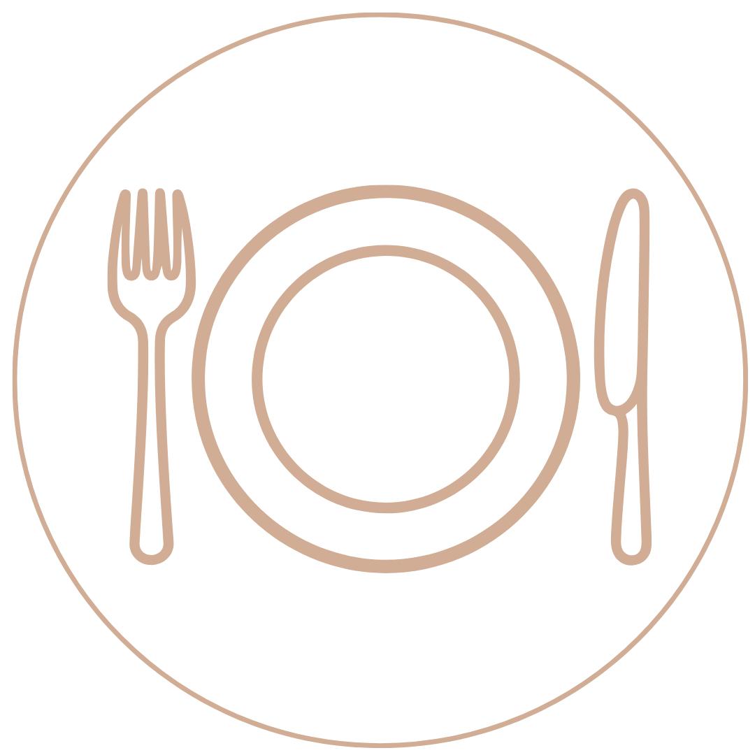 Simple line drawing of a place setting with a fork on the left, a plate in the center, and a knife on the right, all outlined in light brown on a white background.