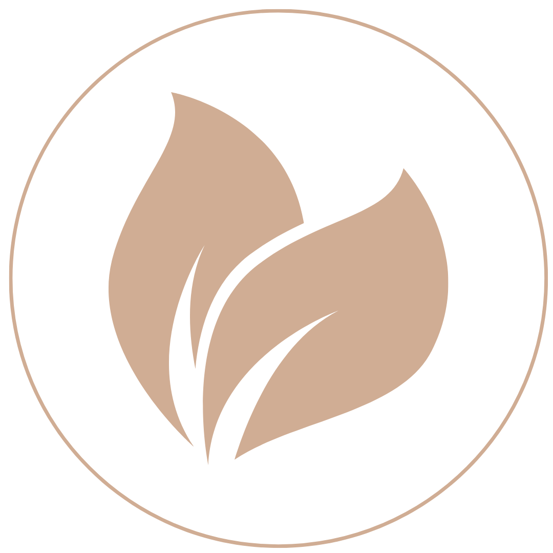 A circular logo with stylized beige flower or leaf design on a white background.
