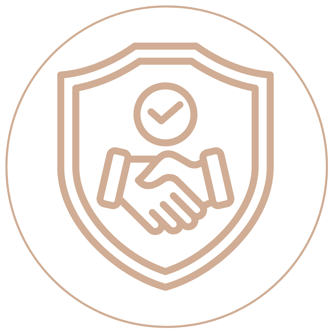 Line drawing of a handshake inside a shield with a checkmark above, symbolizing security and trust.