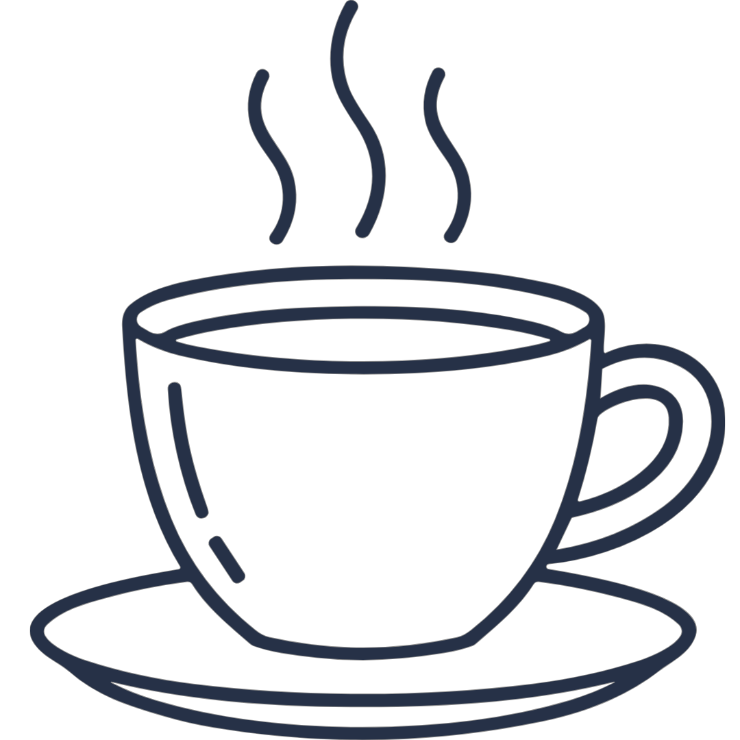 Line drawing of a steaming coffee cup on a saucer.