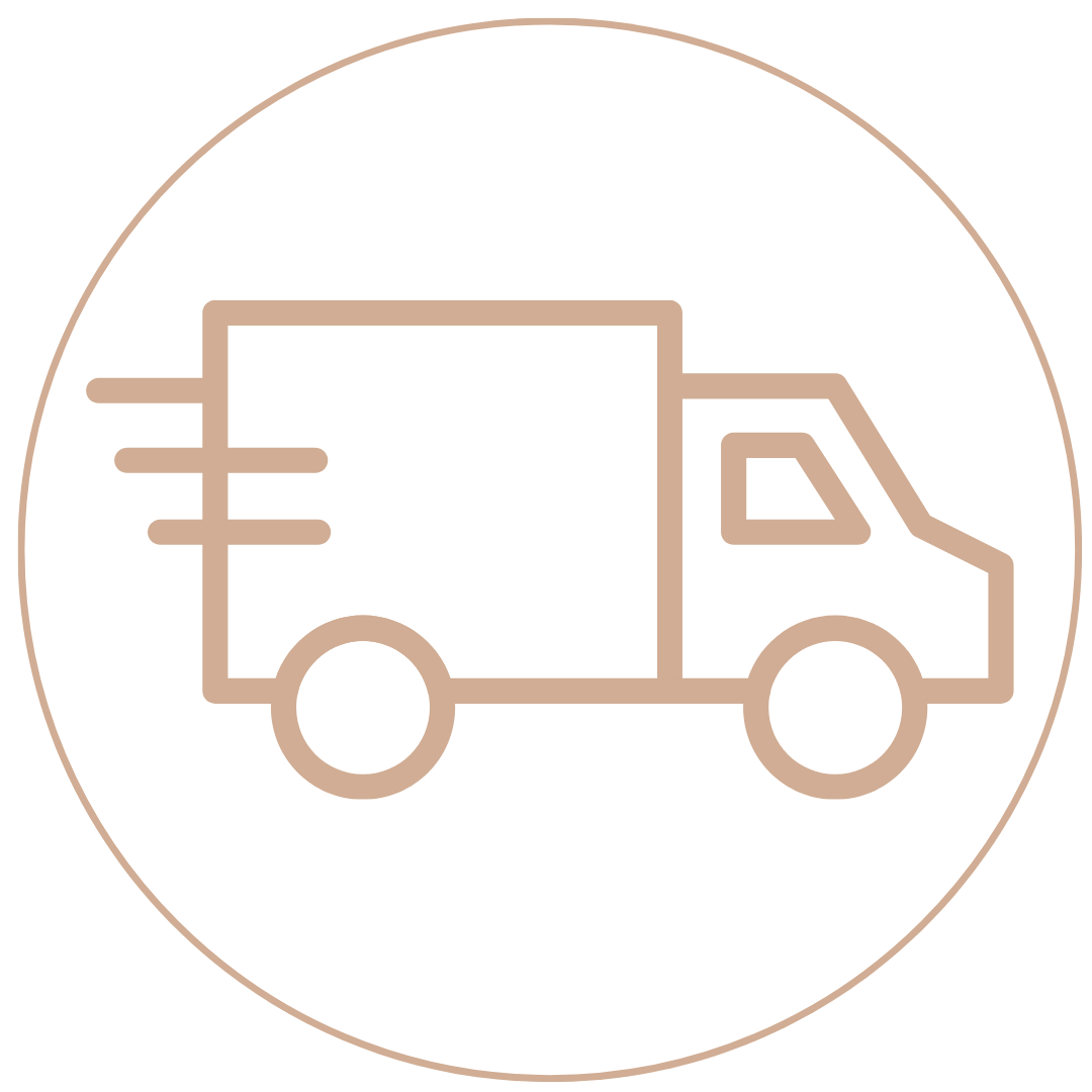 Outline illustration of a delivery truck with motion lines, inside a circular border.