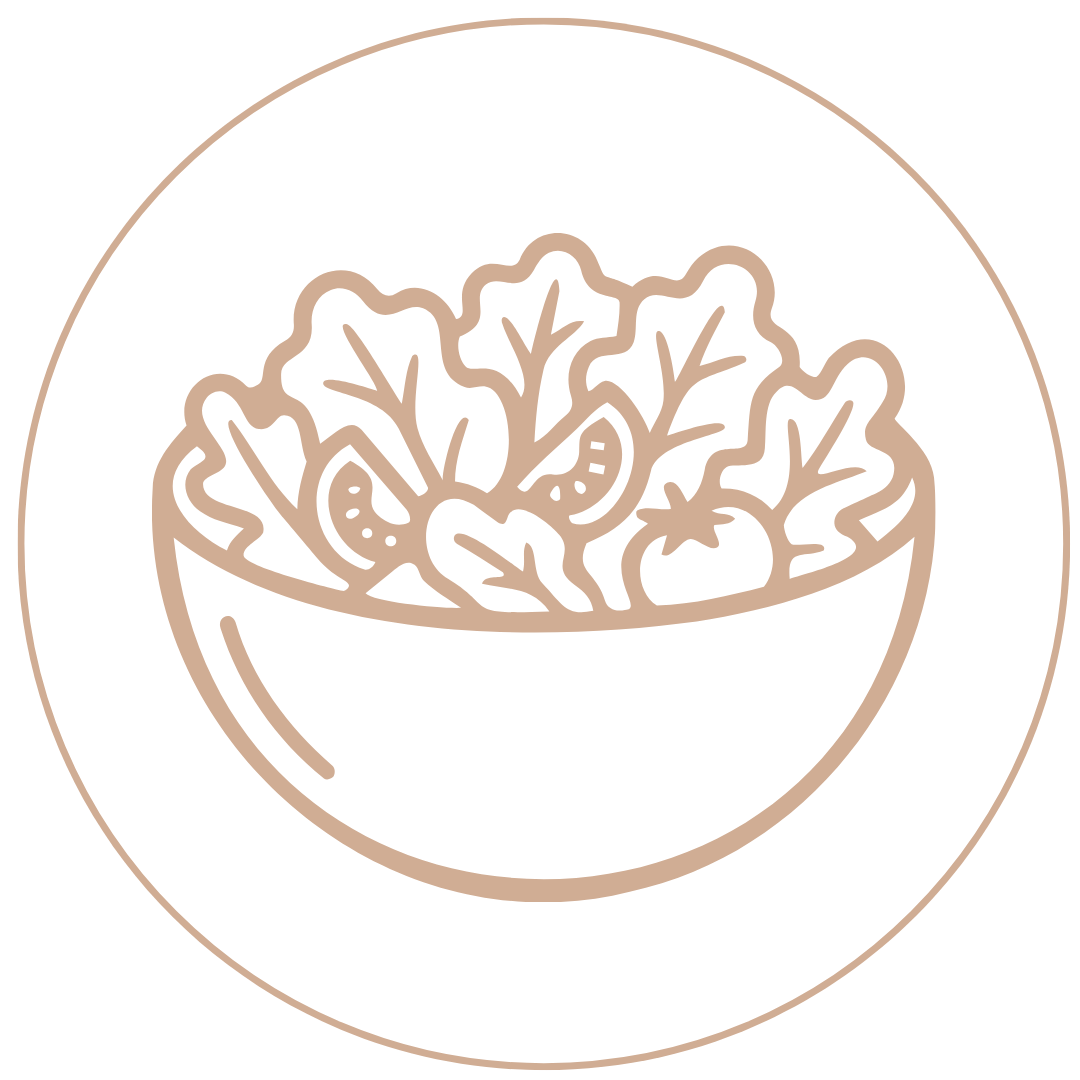 Line drawing of a bowl of salad with lettuce and vegetables on a white plate.