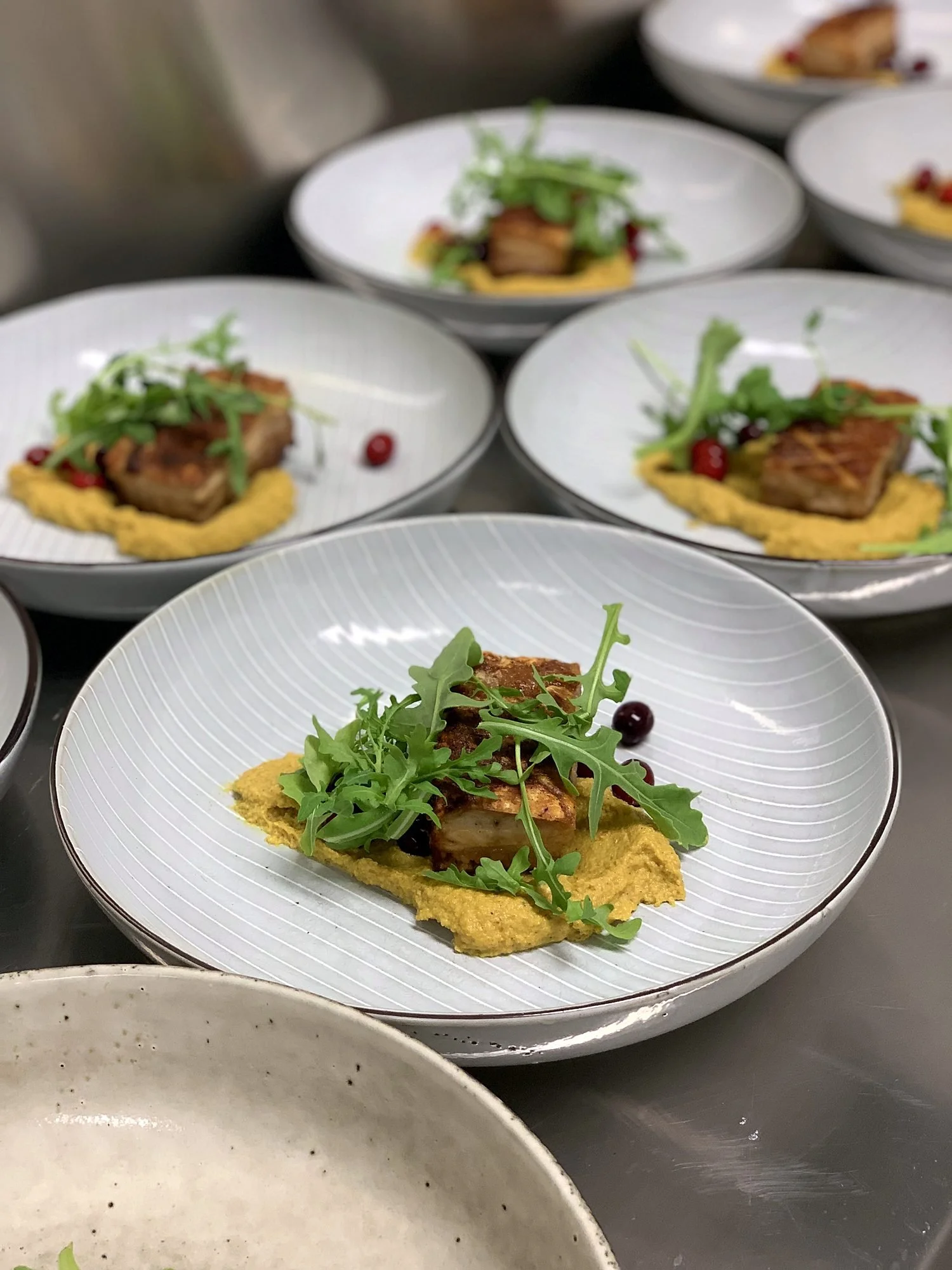 Plated main of roast meat on purée with rocket and berries