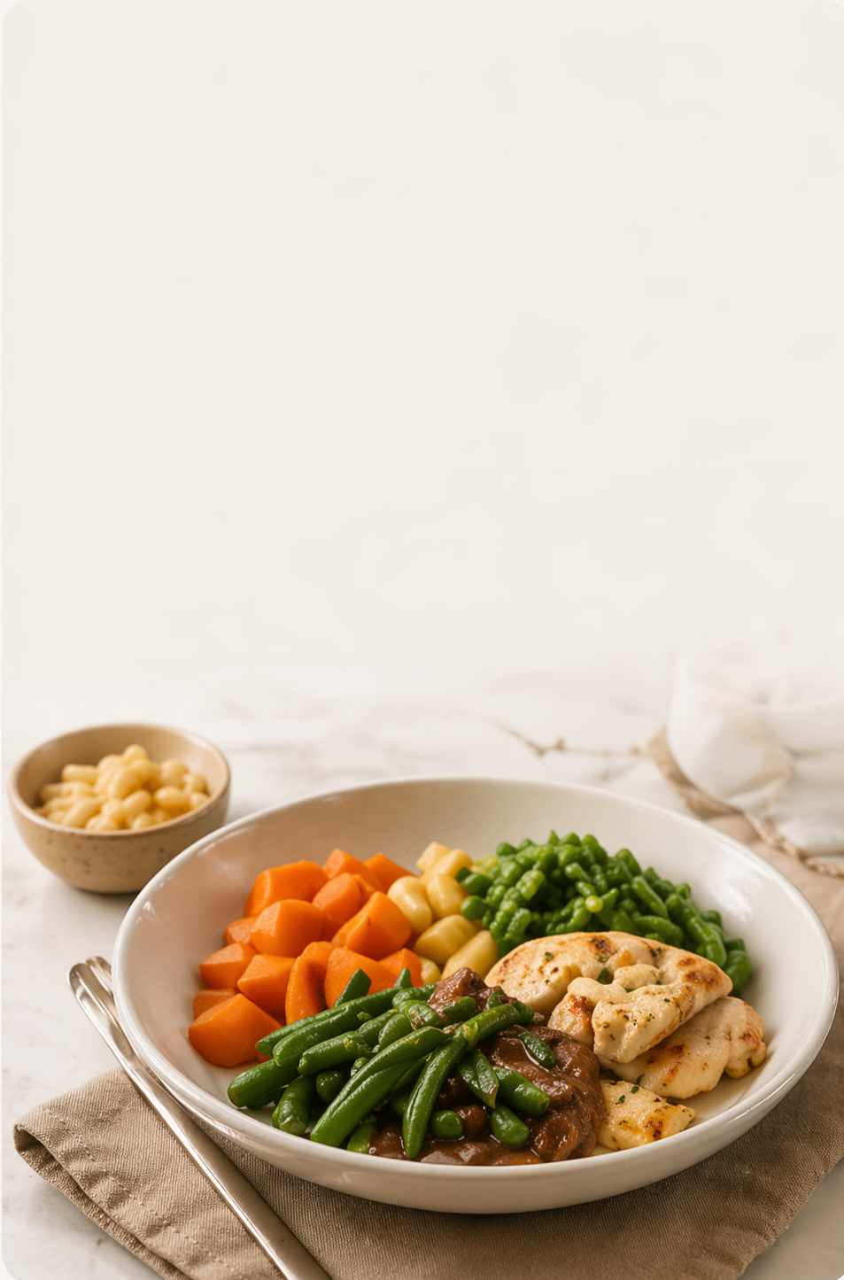 A bowl of cooked vegetables including carrots, green beans, green peas, and mashed potatoes with grilled chicken pieces, with a small bowl of macaroni and cheese in the background.