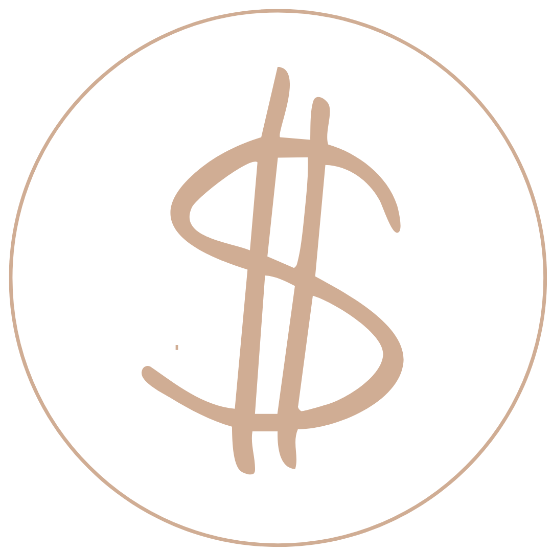 A minimalistic icon of a dollar sign in beige color on a white circular background.