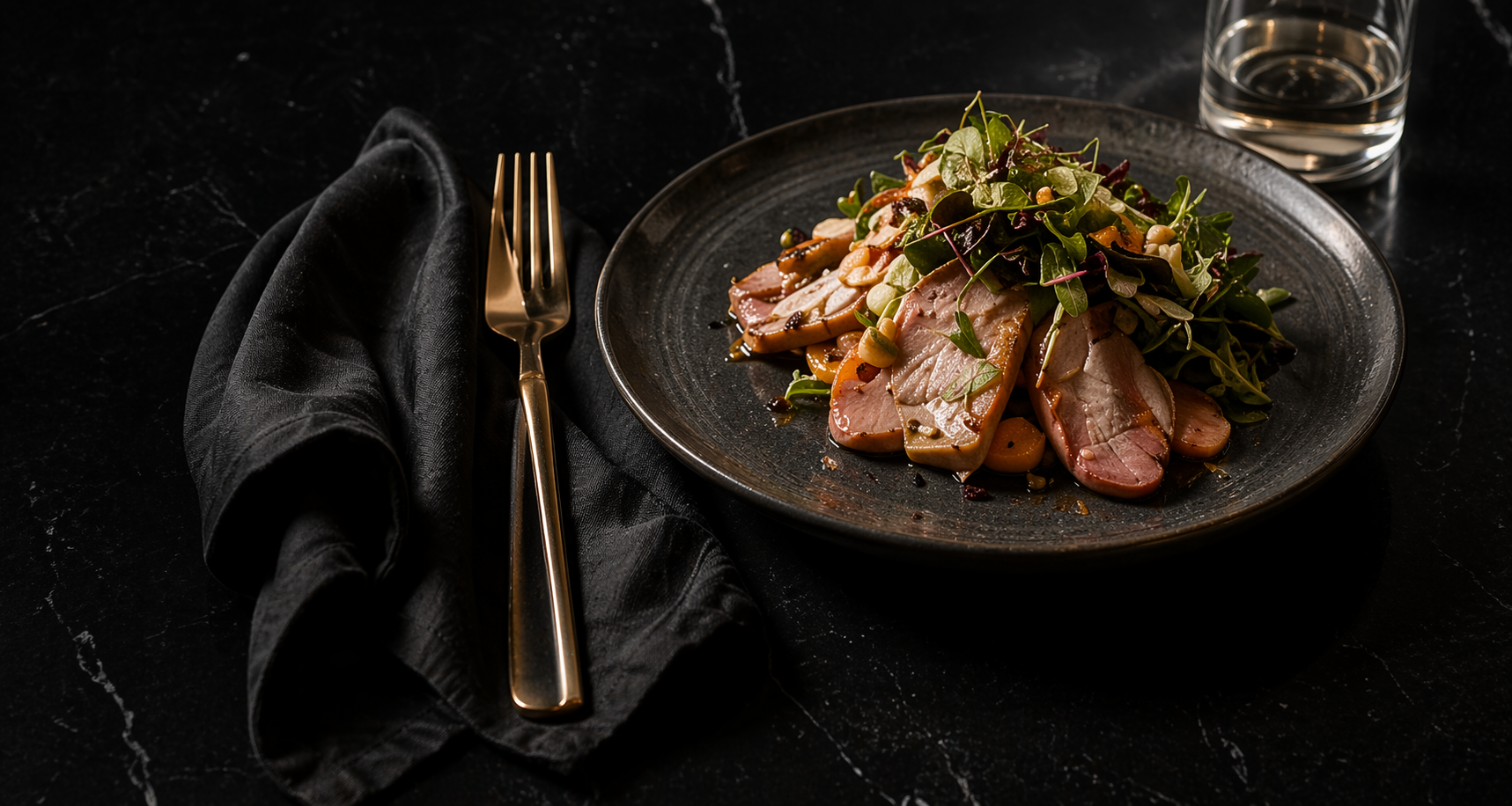 A black plate with sliced cooked meat and a mixed green salad, on a dark surface with a black napkin, gold fork, and a glass of water nearby.