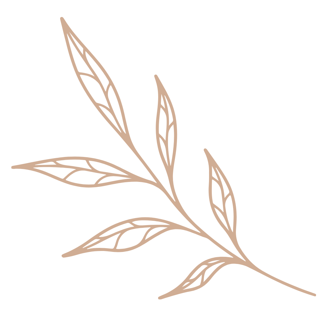 Stylized illustration of a branch with five elongated leaves on a black background.