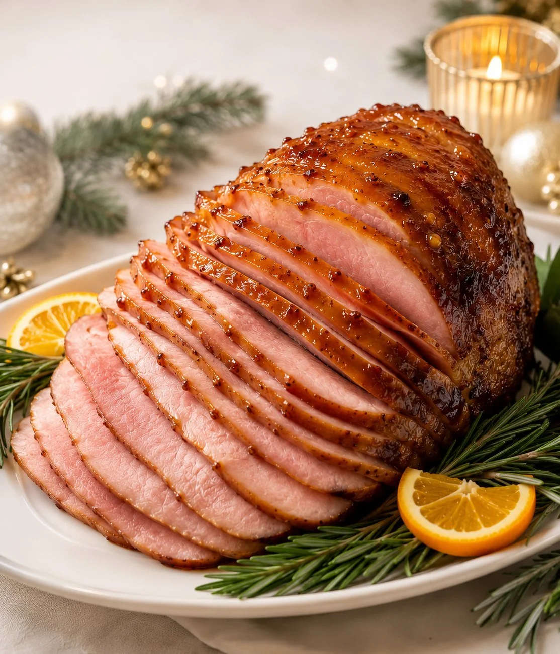Glazed Christmas ham with orange slices and rosemary