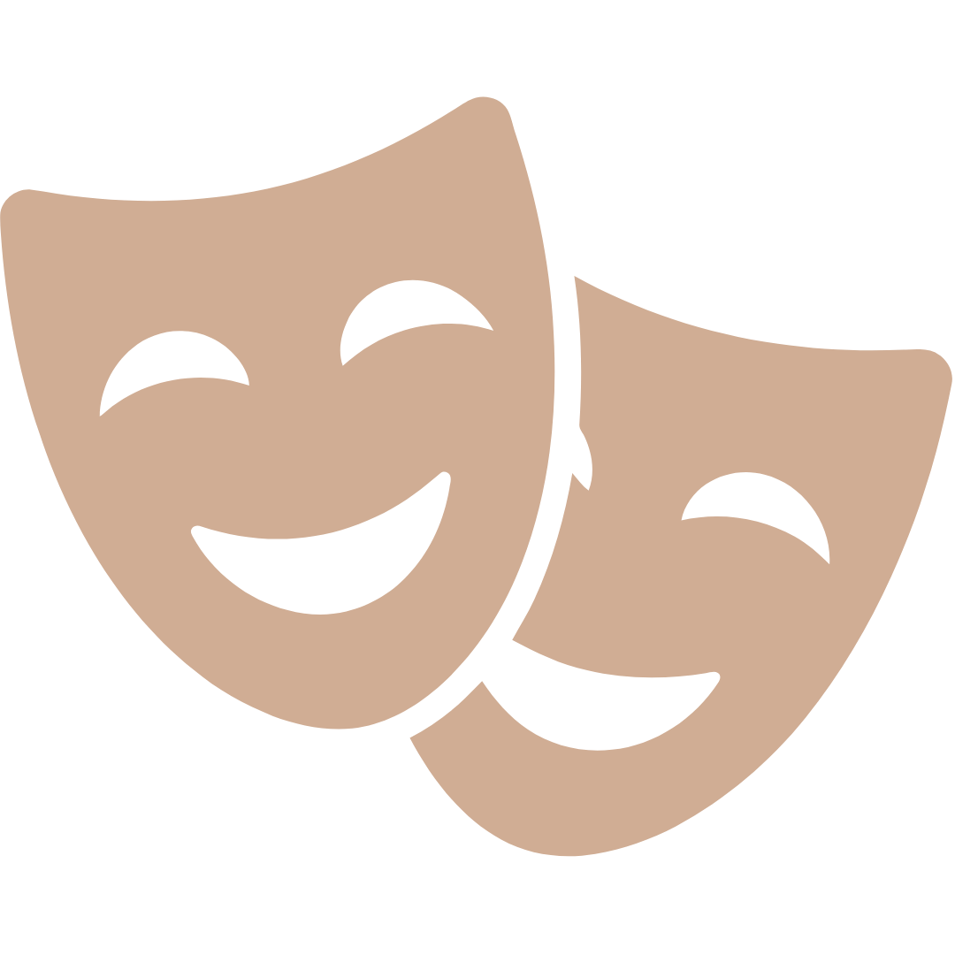 Two beige theater masks with smiling and frowning faces, representing comedy and tragedy.