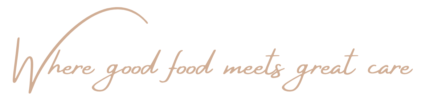 Stylized text reading 'Where good food meets great care' with a large cursive 'W'.