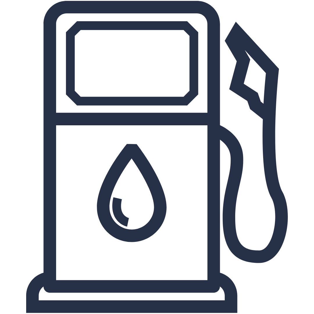 Outline of a gasoline pump with a digital display, a drop of fuel, and a nozzle hanging from the side.