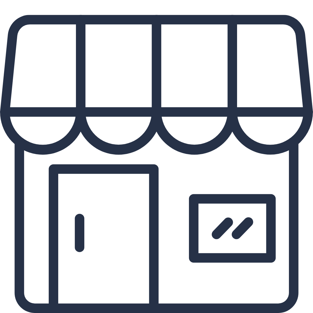Icon of a storefront with a door, a window, and an awning.