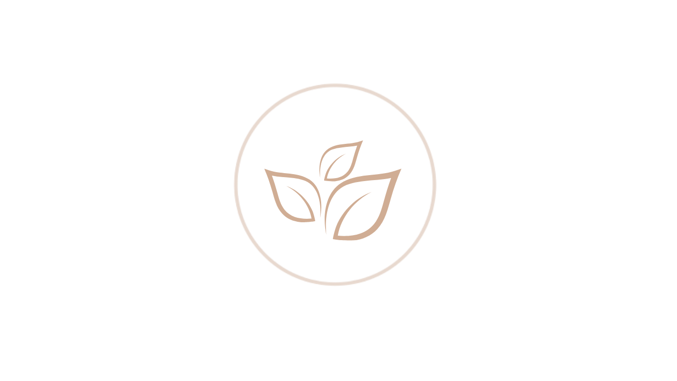 Minimalist logo featuring three stylized leaves inside a circle on a black background.