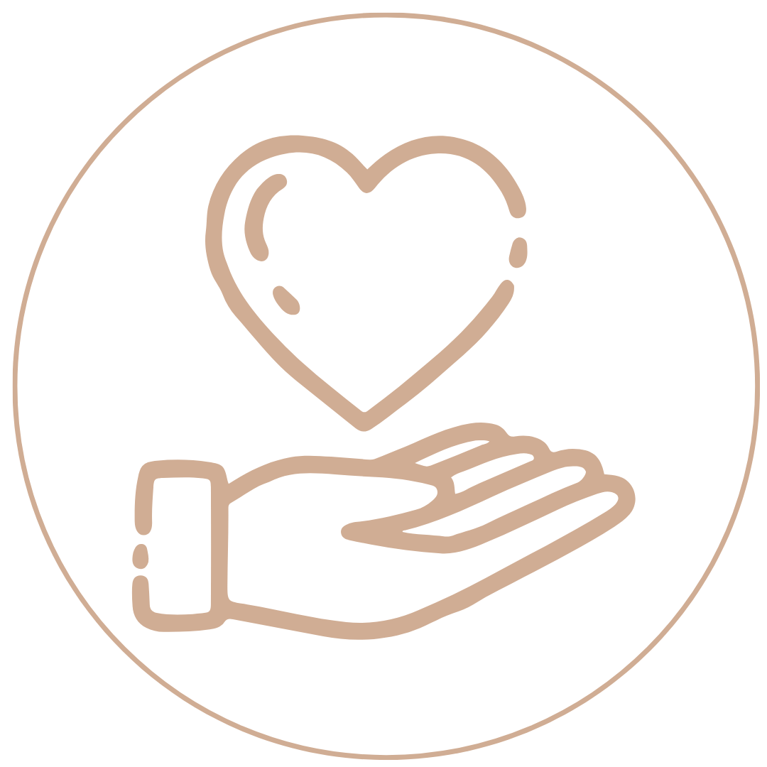 A hand holding a heart inside a circle