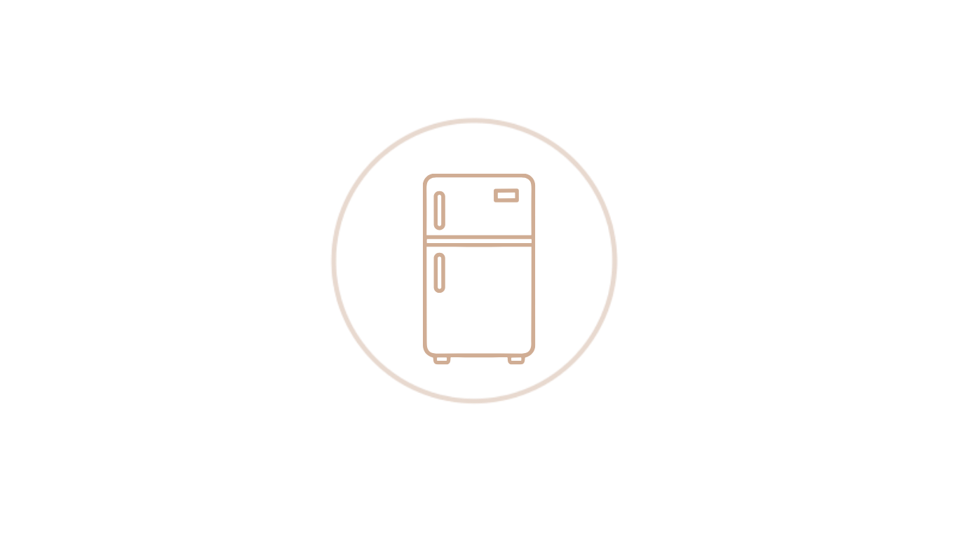 Line drawing of a vintage refrigerator with a top freezer, encircled by a thin white circle, on a black background.