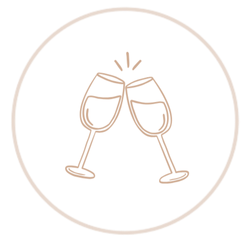 Two champagne glasses clinking in a toast, illustrated with simple lines and a dark background.