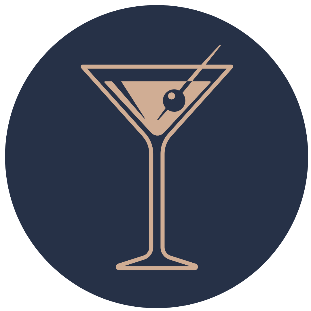 Stylized illustration of a cocktail glass with an olive and cocktail toothpick inside, on a dark circular background.