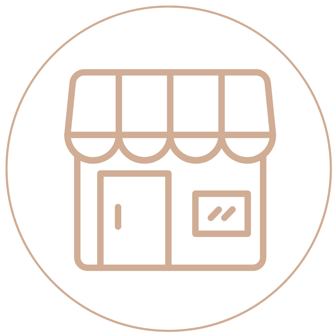Line drawing of a small storefront with a door, a window, and an awning.