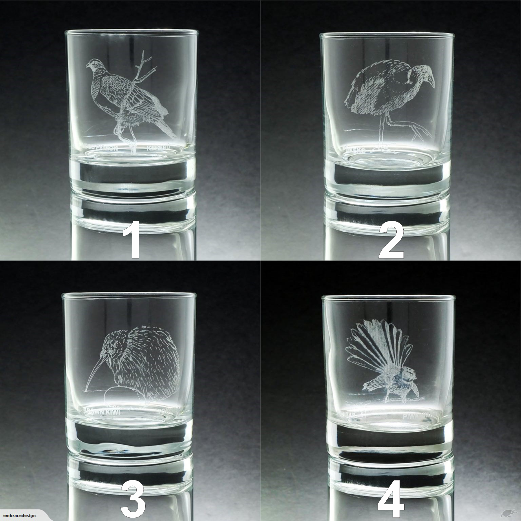 New Zealand Birds Engraved Glasses