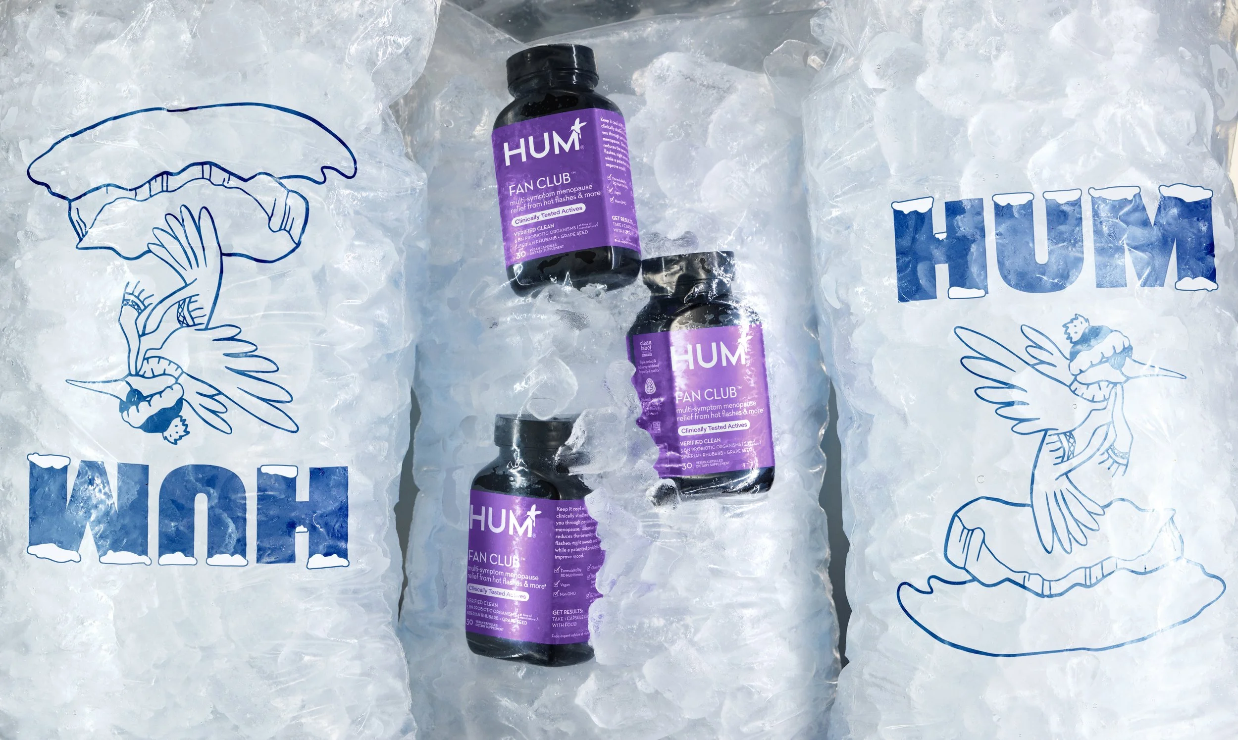 Top Prop Stylist DANA KAPUSTIN created a fake freezer including bagged ice featuring HUM Nutrition's Fan Club products with photography by Alex Kapustin ice in a Clear bag with HUM logo in blue and a seagull underneath