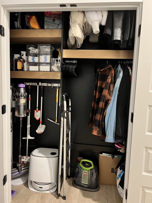 Hall closet full of cleaning supplies and closet organizer