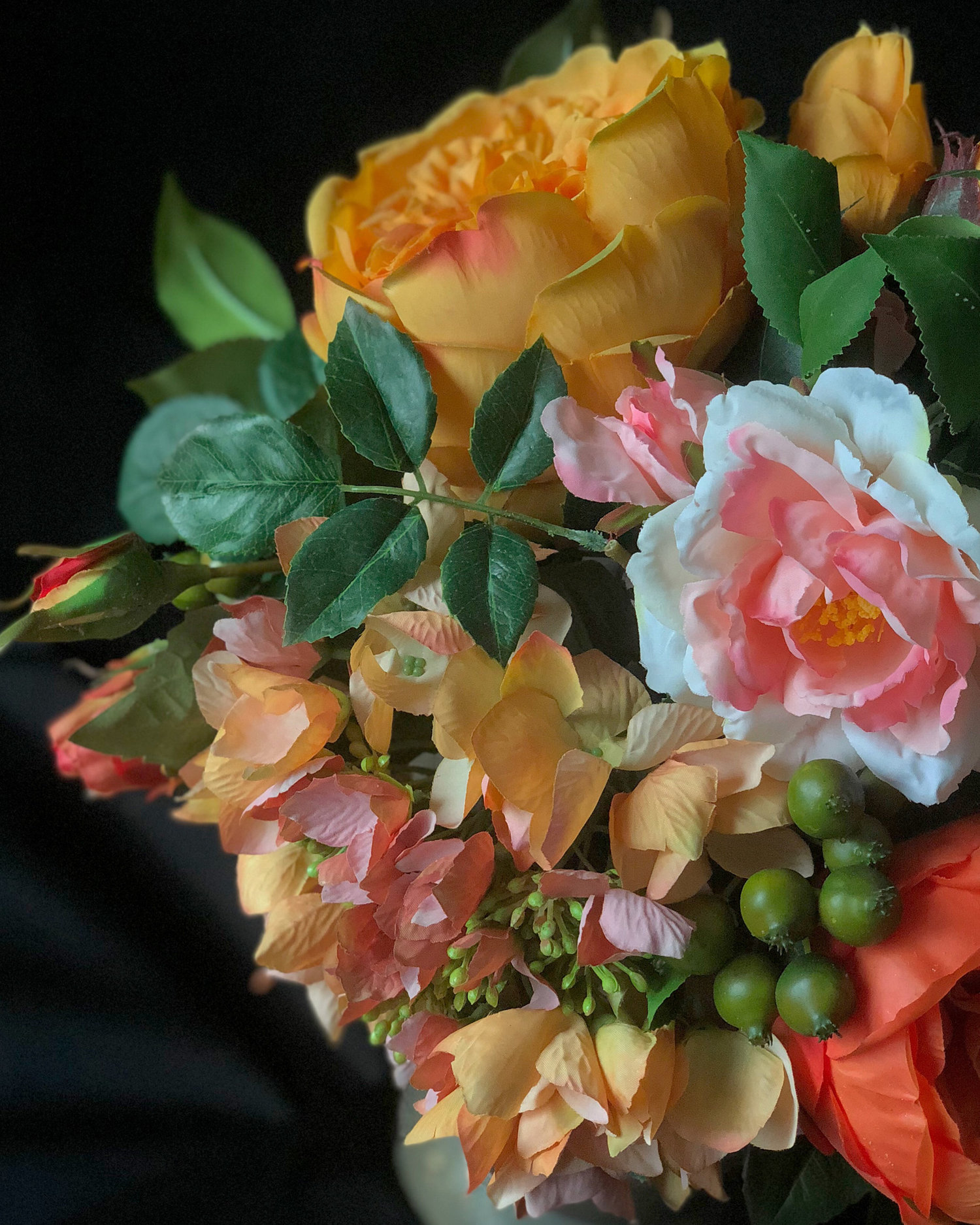 Orange Pink Artificial Floral Arrangement — Posh Posy Posh Posy Orange Pink Artificial Floral Arrangement Vintage Gold Metal Vase 3