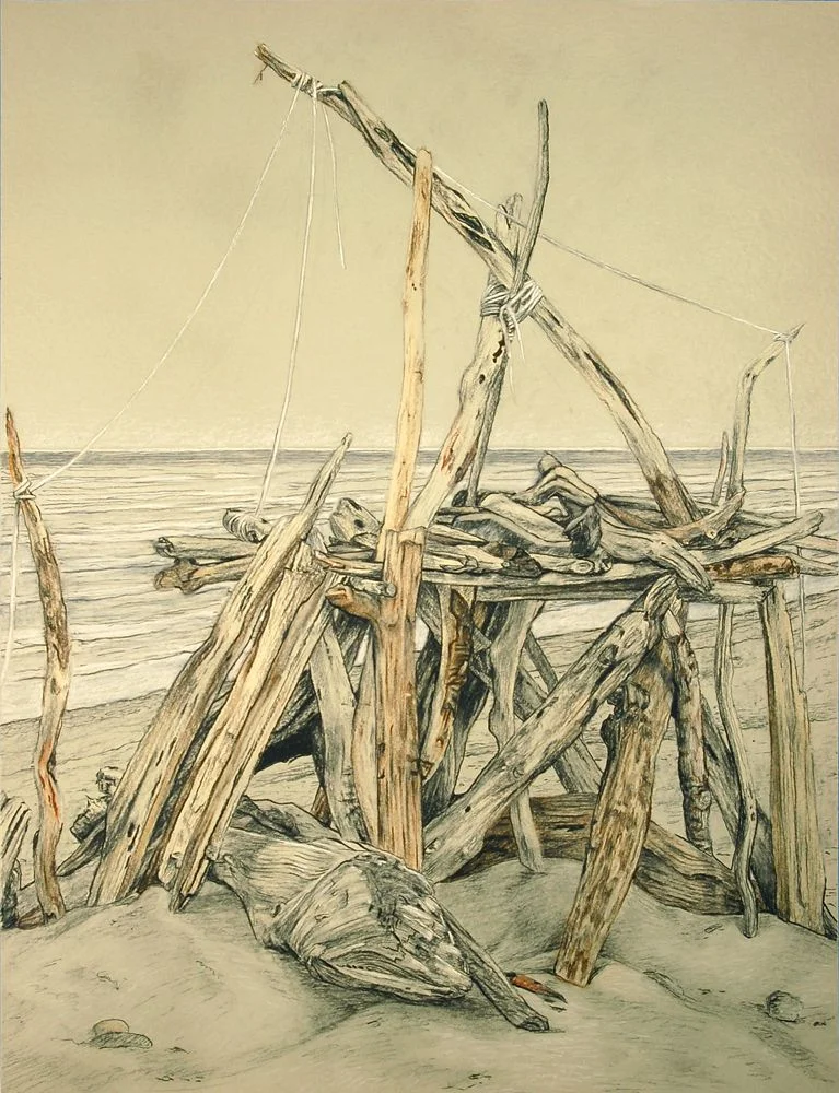 Outpost. Colored charcoal and gauche on printmaking paper. (Private collection).