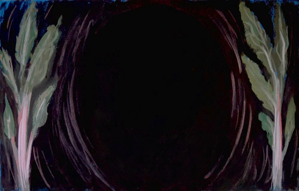 Study for Abyss. Gauche on black printmaking paper. Apx 16” x 30”.