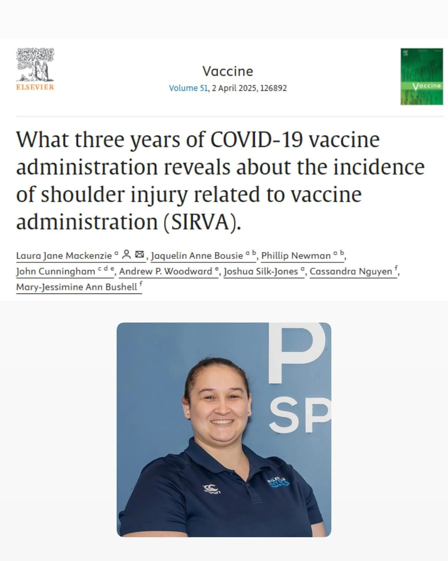 ⭐️ Congratulations to Laura Mackenzie, one of our Physiotherapists working at Healesville Physiotherapy and Sports Medicine ⭐️

Laura is 2 years into a PhD candidacy and has just published an article in the top vaccine journal in the world, Vaccine. 