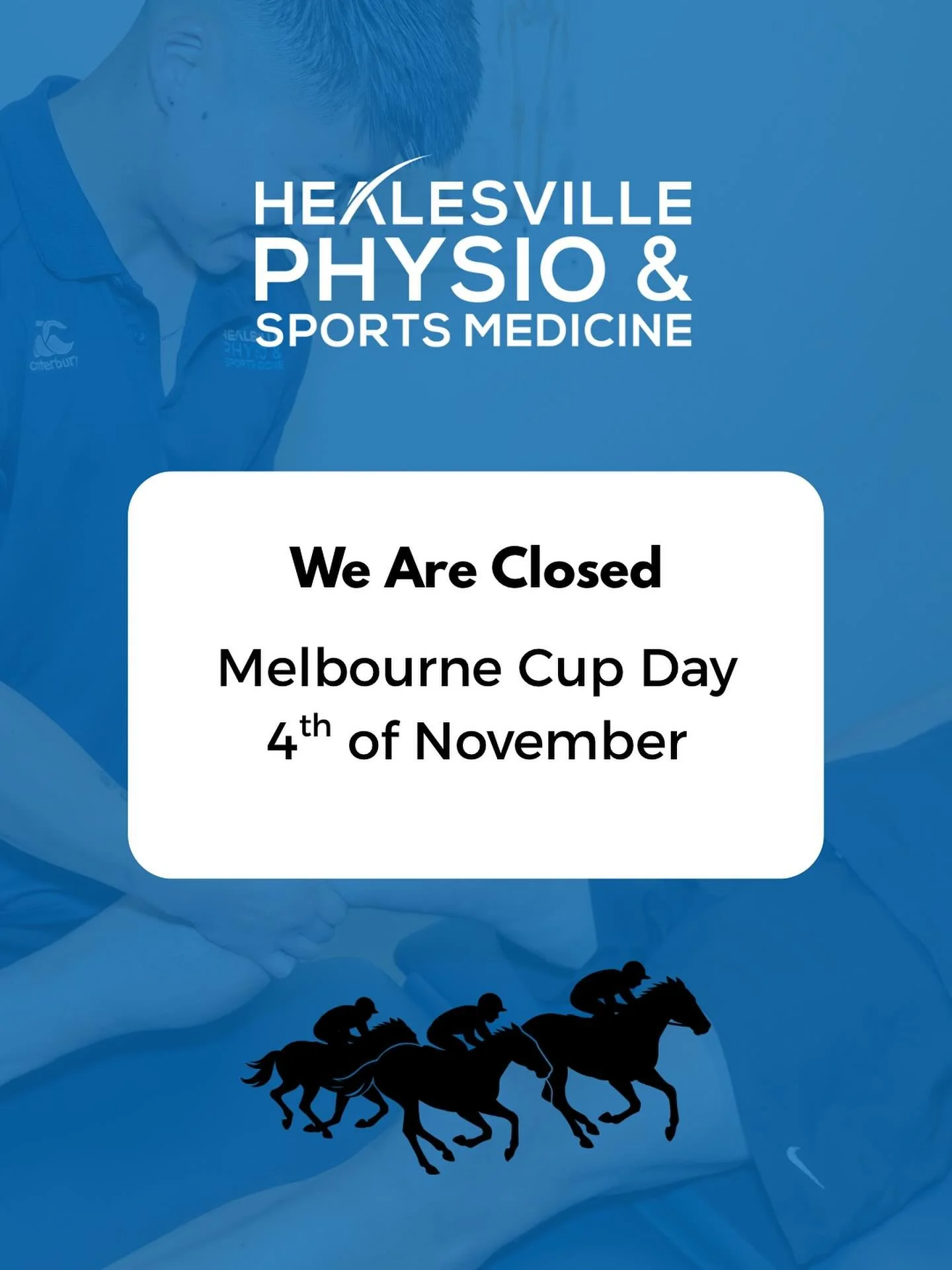 Public Holiday Notice 🏇

We&rsquo;ll be closed on Tuesday, November 4th for Melbourne Cup Day.

We&rsquo;re open as normal on Monday for all your physio, rehab, and sports medicine needs 💪

Enjoy the long weekend and good luck if you&rsquo;ve got a