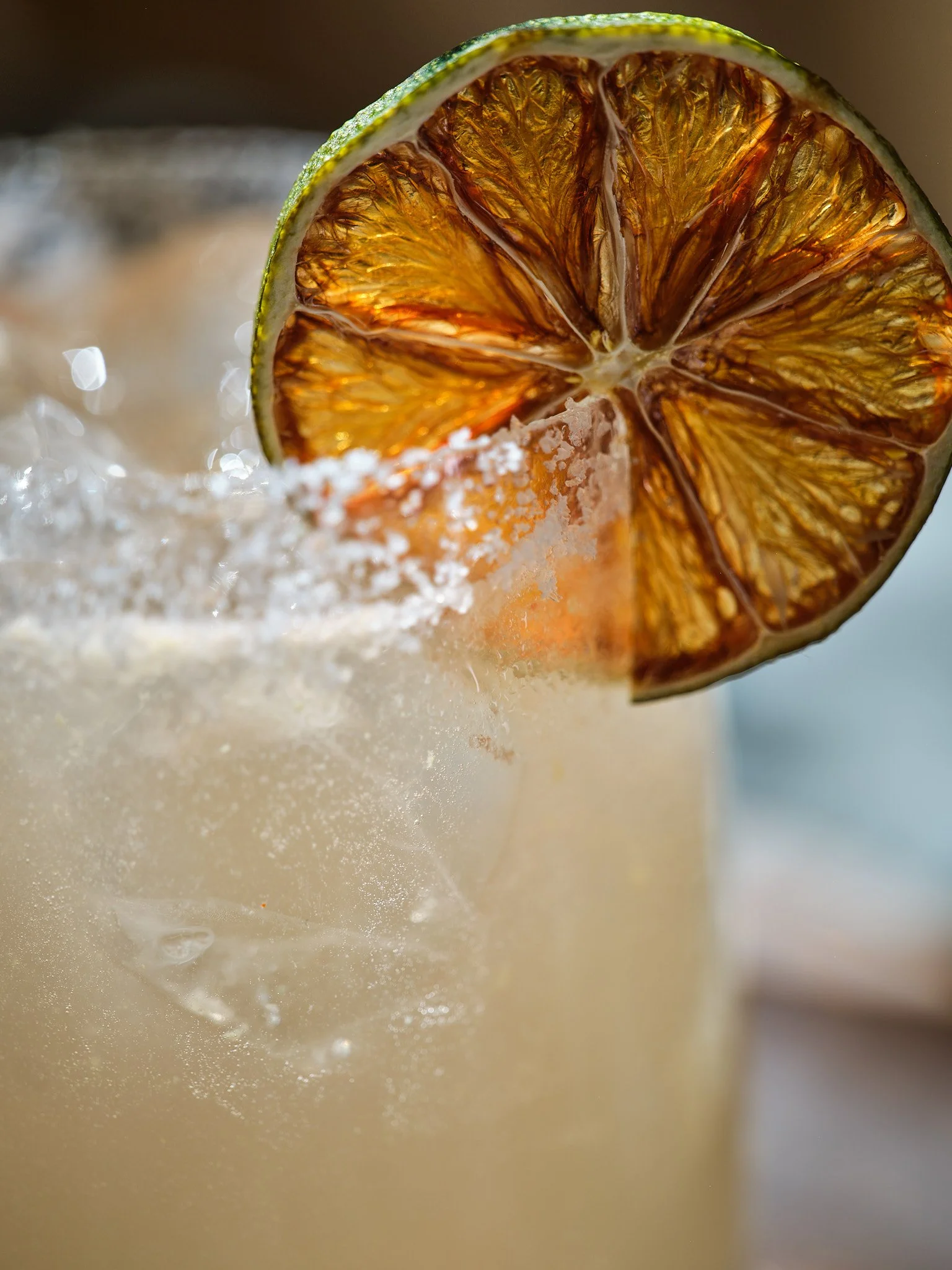 Close-up of a glass beverage garnished with a dried lime slice, ice cubes, and lemon zest, with condensation on the glass.
