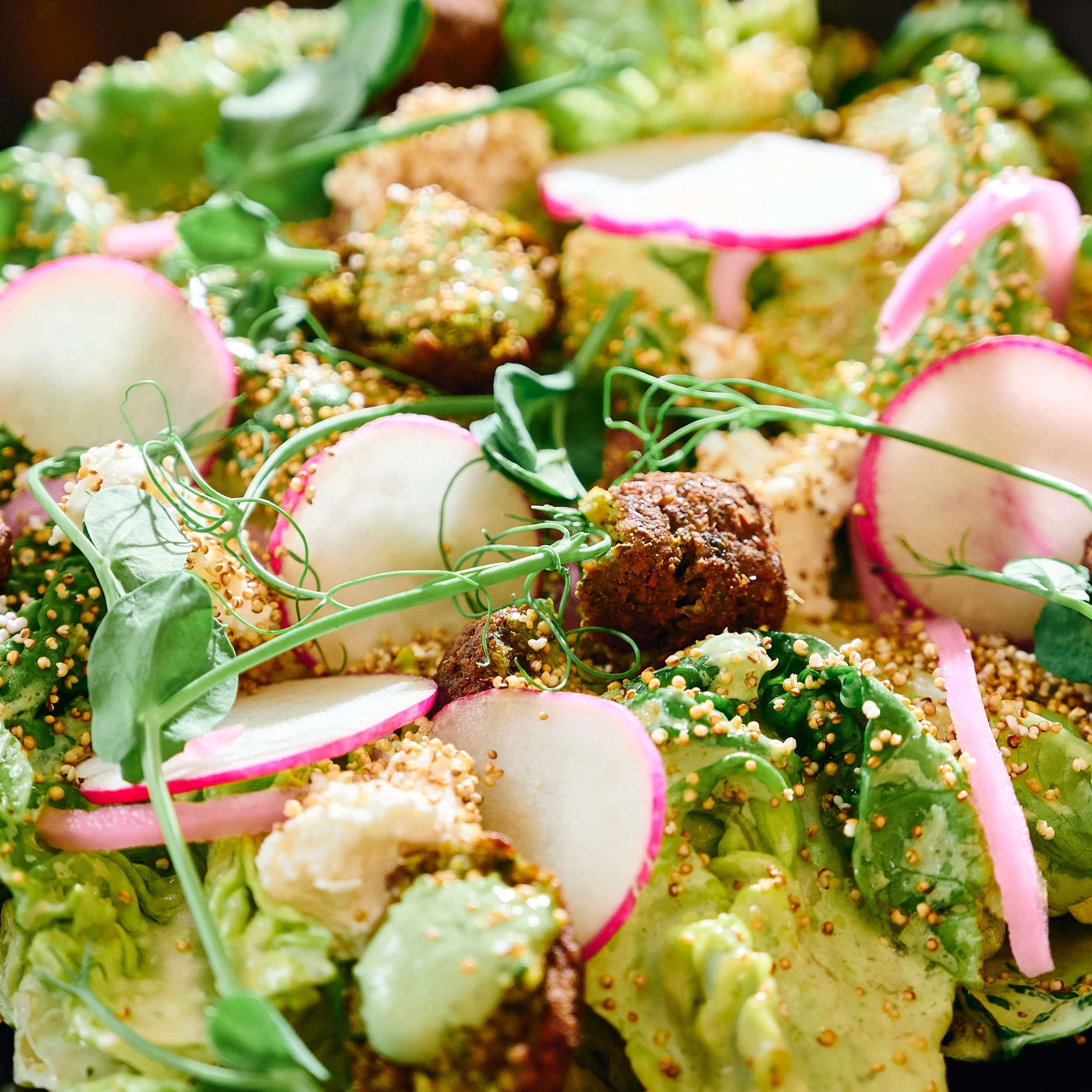 Close-up of a salad with radish slices, microgreens, and crunchy toppings.